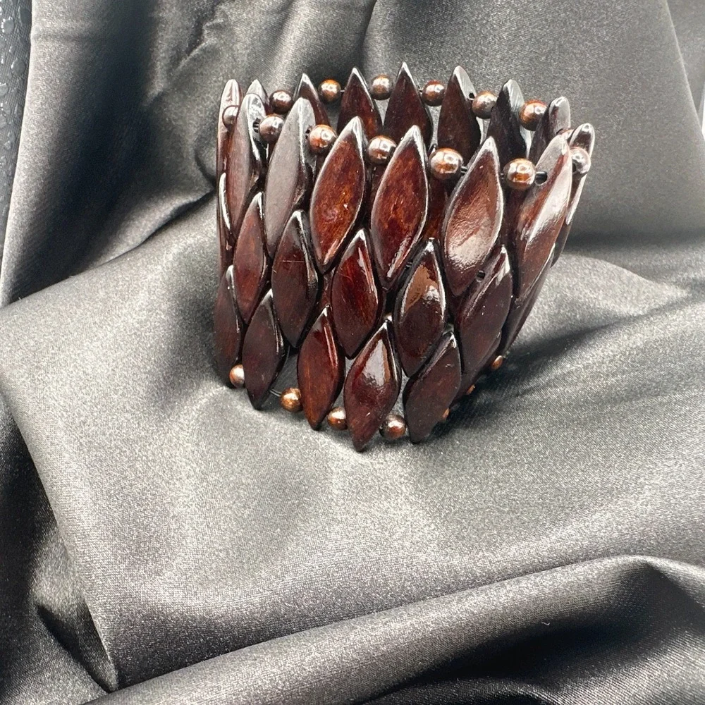 Vintage 90s Brown Wood Bead Stretch Cuff Bracelet Boho Jewelry